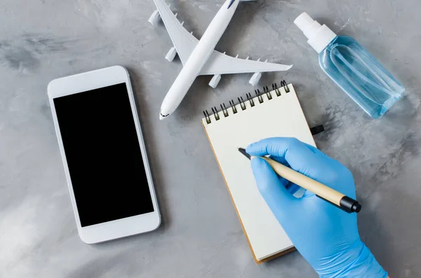 Travel Planning Concept Coronavirus Quarantine Hands Disposable Gloves Hold Smartphone — Stock Photo, Image