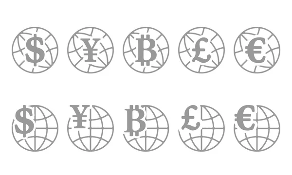 Set of icons globe with different currencies — Stock Vector