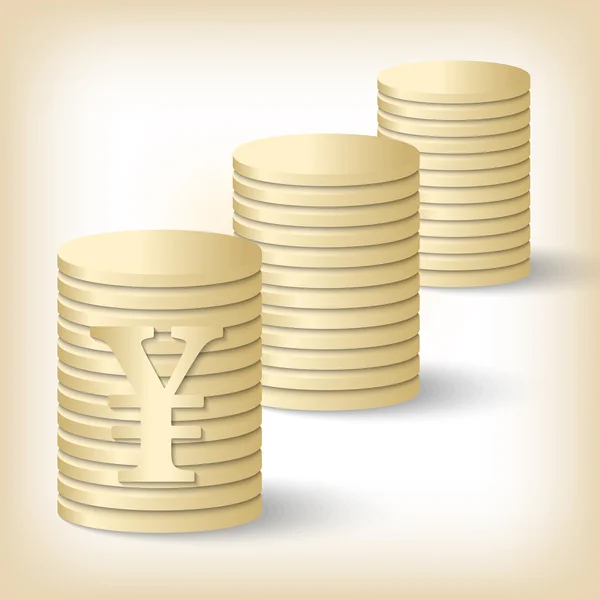 Drie vector gouden munt en yen symbool — Stockvector