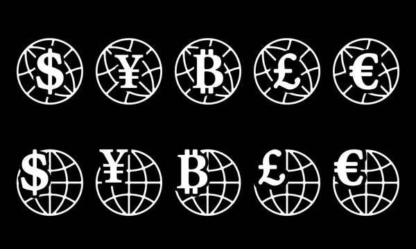 Set pictogrammen wereldbol met verschillende valuta 's — Stockvector