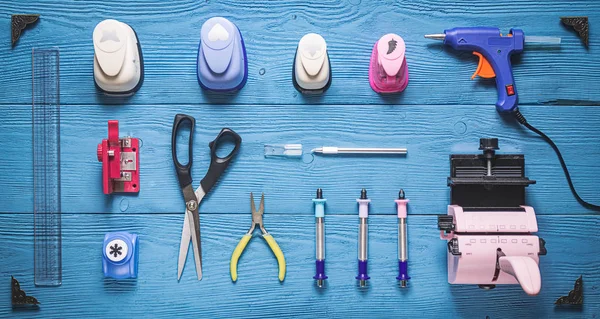 Top view of the layout of tools for needlework and scrapbooking — Stock Photo, Image