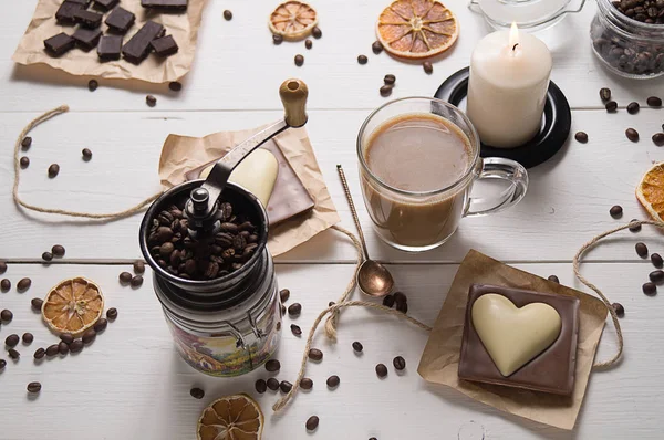 Top view of chocolate heart and coffee — Stock Photo, Image