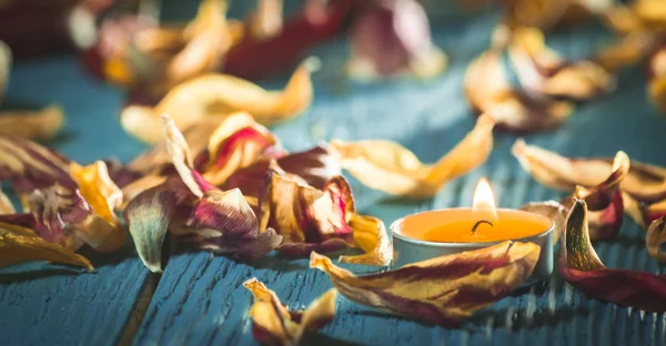 Žluté svíčky a plamennoi obklopen suché květy tulipánů — Stock fotografie