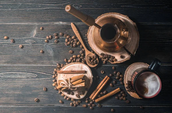 Top view of brewed coffee in cezve — Stock Photo, Image