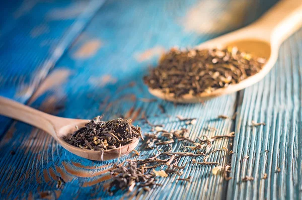 Las hojas de té en cucharas de madera sobre tabla azul — Foto de Stock