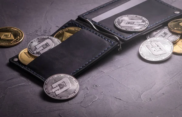 Cripto-moneda: Cartera de cuero con monedas de metal dashcoin —  Fotos de Stock