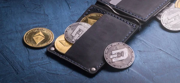 Crypto-valuta: Läder plånbok med metall dashcoin mynt — Stockfoto