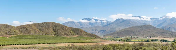 Panorama del paisaje agrícola con montañas de Swartberg cerca de Hoeko —  Fotos de Stock