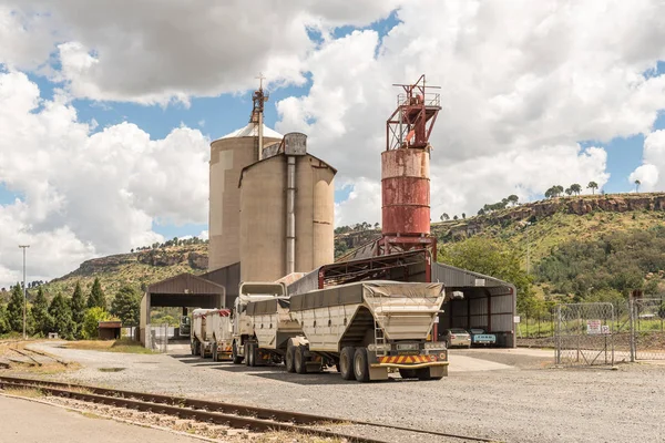 Camions en attente de décharger la récolte dans les silos de Ficksburg — Photo