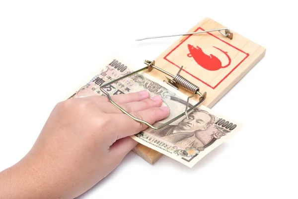 Main et piège à souris avec de l'argent — Photo