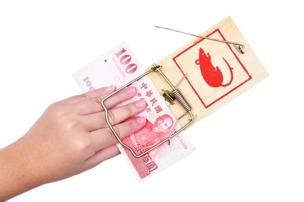 Mão e ratoeira com dinheiro — Fotografia de Stock