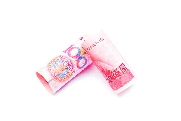 Rollos de un billete de cien nuevos dólares de Taiwán y el billete de yuan chino — Foto de Stock