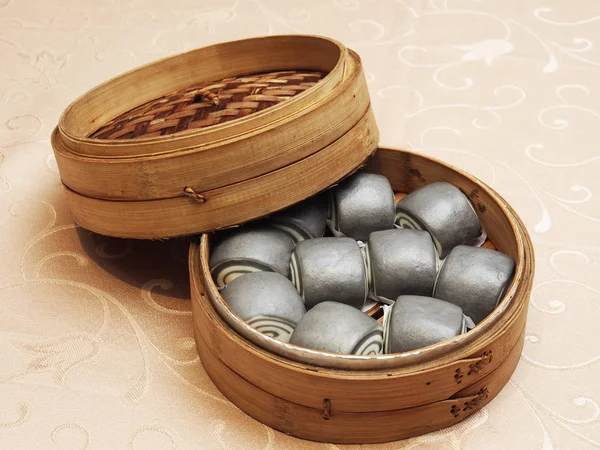 Chinese Steamed Buns Has Contains Activated Charcoal Bamboo Cage — Stock Photo, Image