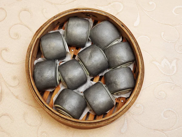 Chinese Steamed Buns Has Contains Activated Charcoal Bamboo Cage — Stock Photo, Image