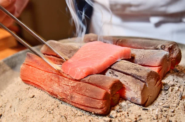 Řezání Otoro Červené Horké Uhlí Japonské Jídlo — Stock fotografie