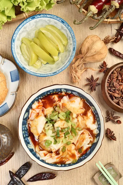 Sichuan Wontons Red Chili Oil Wooden Table — Stock Photo, Image