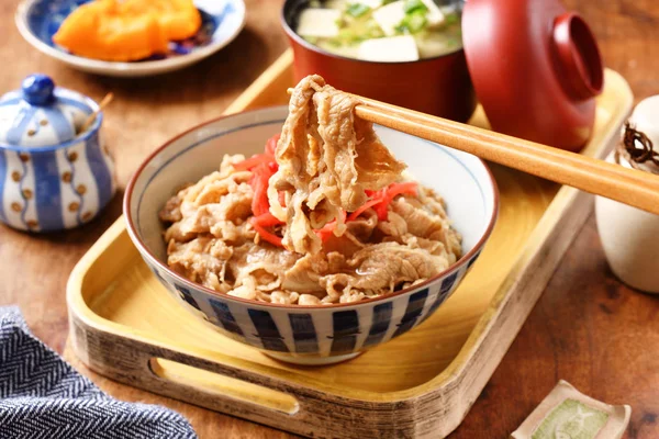 Gyudon Tazón Arroz Con Carne Rodajas Cebolla Salsa Dulce —  Fotos de Stock