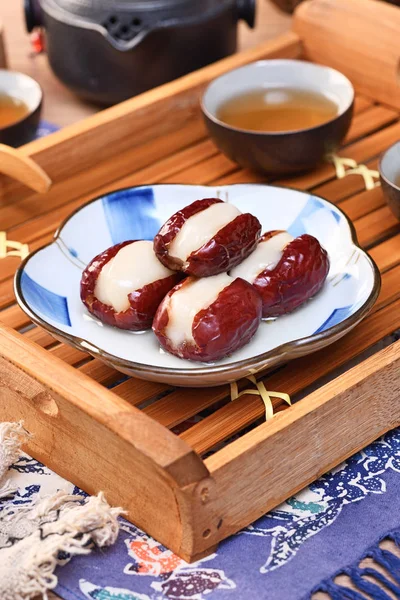 Taiwan Köstliches Dessert Xin Tai Ruan Rote Datteln Gefüllt Mit — Stockfoto