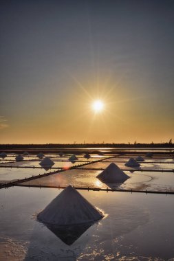 Tainan, Tayvan 'da deniz tuzu buharlaştırma göleti altın gün batımı gökyüzü arka planıyla      