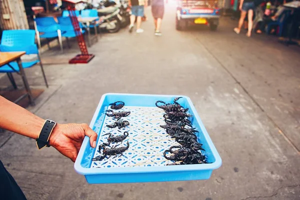 Proveedor tailandés mostrando escorpio asado —  Fotos de Stock