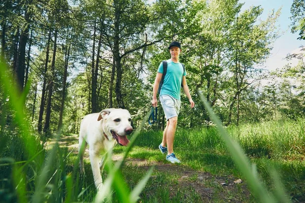 Toeristische met hond in het bos — Stockfoto