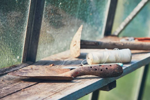 Gardening tools in the greenhouse — Stock Photo, Image