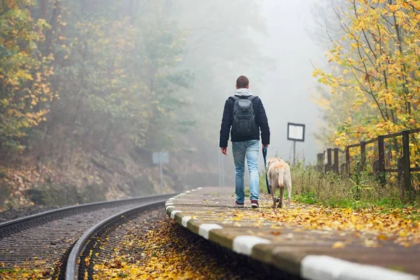 Homem viajando com seu cão de trem — Fotografia de Stock