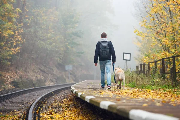 Adam köpeğiyle tren ile seyahat — Stok fotoğraf