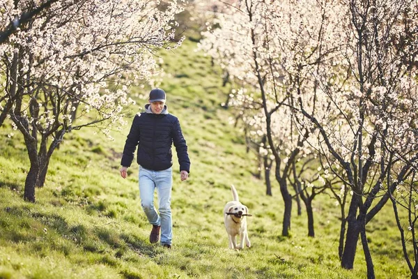 Man met hond in de lente natuur — Stockfoto