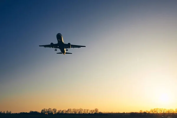 Avião a aterrar ao pôr-do-sol dourado — Fotografia de Stock