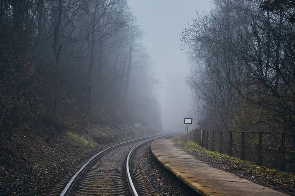 Järnväg i mystisk dimma — Stockfoto