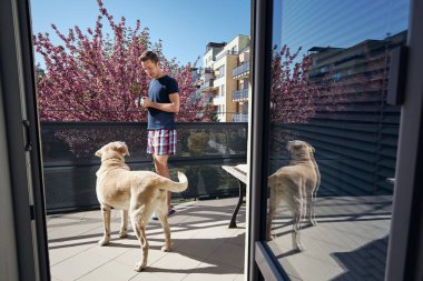 Evde bahar sabahı. Balkonunda labrador köpeği olan genç bir adam..