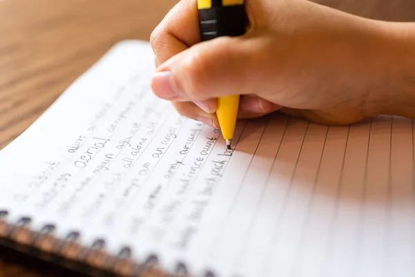 Niño escribiendo a mano en el bloc de notas —  Fotos de Stock