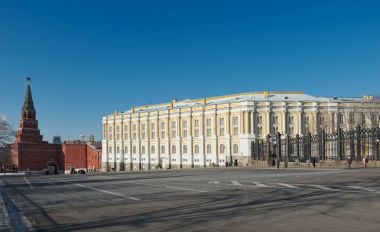 View of the Armoury Chamber and Borovitskaya tower Kremlin clipart