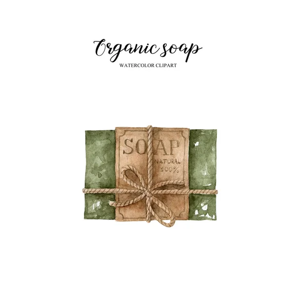 Single Piece Organic Soap Recyclable Wrapper Watercolor Illustration Isolated White — ストック写真