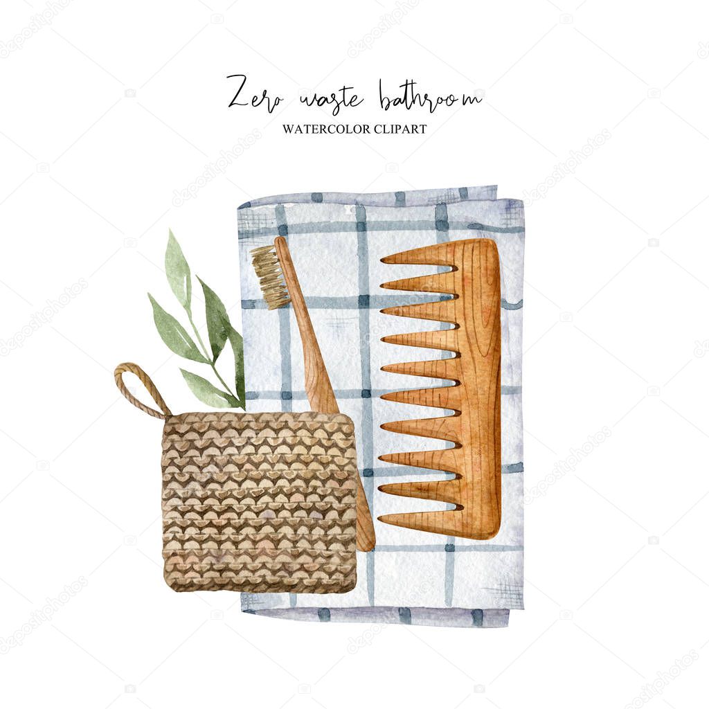Zero waste composition with bathroom accessories - wooden comb, jute washcloth, bamboo toothbrush, linen towel. Eco-friendly aesthetic. Watercolor hand drawn clipart isolated on white backdrop.