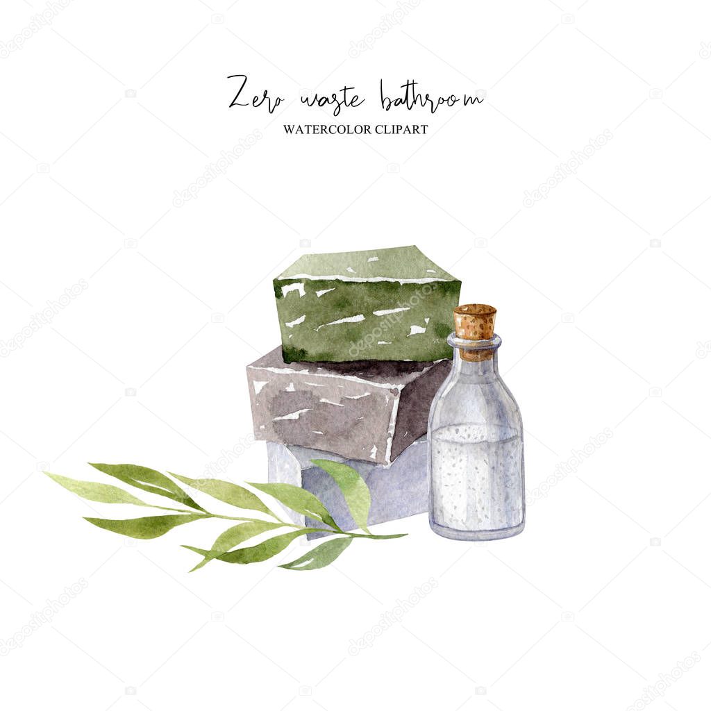 Couple zero waste compositions with bathroom accessoriesloofah, pumice, organic soap, glass dispenser, bottle with cork. Eco-friendly aesthetic. Watercolor hand drawn clipart isolated on white backdrop.