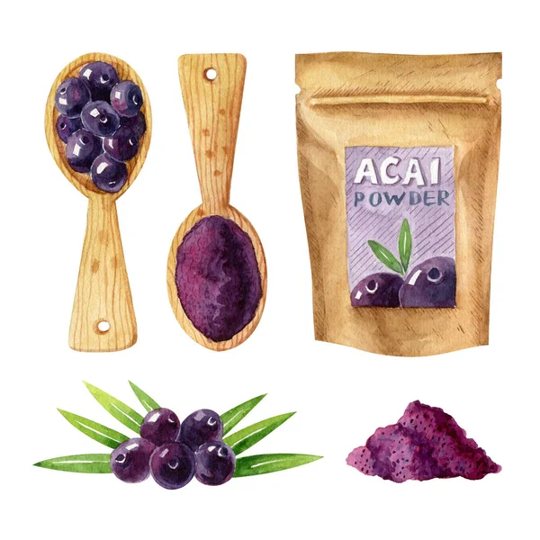 Organic Superfood Set Acai Berries Green Leaves Acai Powder Wooden — ストック写真