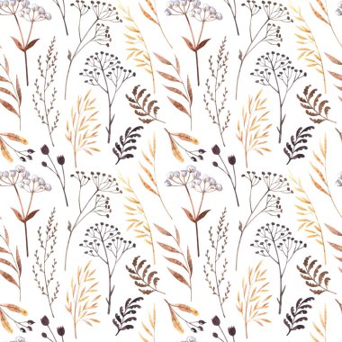 Watercolor seamless pattern with dried winter herbs and leaves isolated on white background. Autumn illustration in brown colors. Hand drawn floral backdrop perfect for interior fabrics, wallpapers. clipart