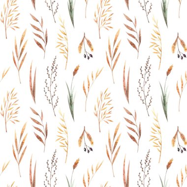 Watercolor seamless pattern with dried winter herbs and leaves isolated on white background. Autumn illustration in brown colors. Hand drawn floral backdrop perfect for interior fabrics, wallpapers.