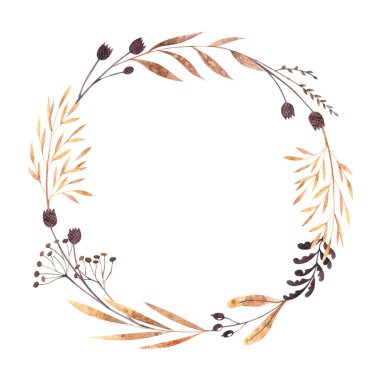 Watercolor round frame with dried winter herbs and leaves isolated on white background. Autumn illustration in brown colors. Hand drawn floral wreathfor invitations, greeting cards, postcards.