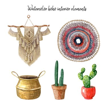 Watercolor boho interior elements. Wall macrame, mural, straw basket, succulents in clay pots.  Hygge style, scandinavian interior. Handdrawn clipart.