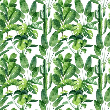 Watercolor seamless pattern with tropical leaves monstera, cactus, ficus on white background. Home exotic greenery, texture for fabrics, wallpapers, wrapping paper.