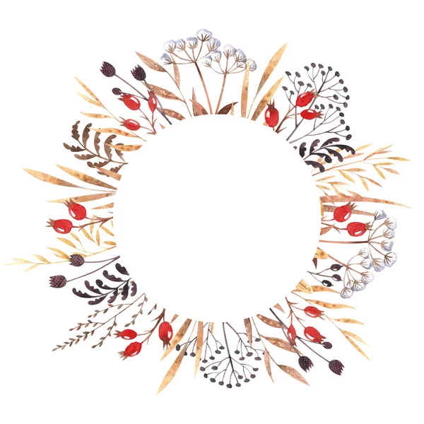 Watercolor round frame with dried winter herbs,  leaves and dog-rose berries isolated on white background. Autumn illustration. Hand drawn floral element  for invitations, greeting cards, postcards.