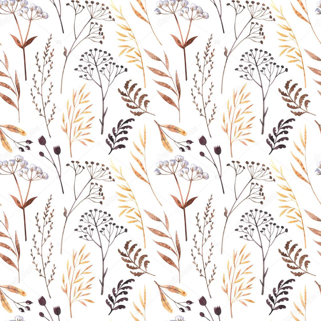Watercolor seamless pattern with dried winter herbs and leaves isolated on white background. Autumn illustration in brown colors. Hand drawn floral backdrop perfect for interior fabrics, wallpapers.