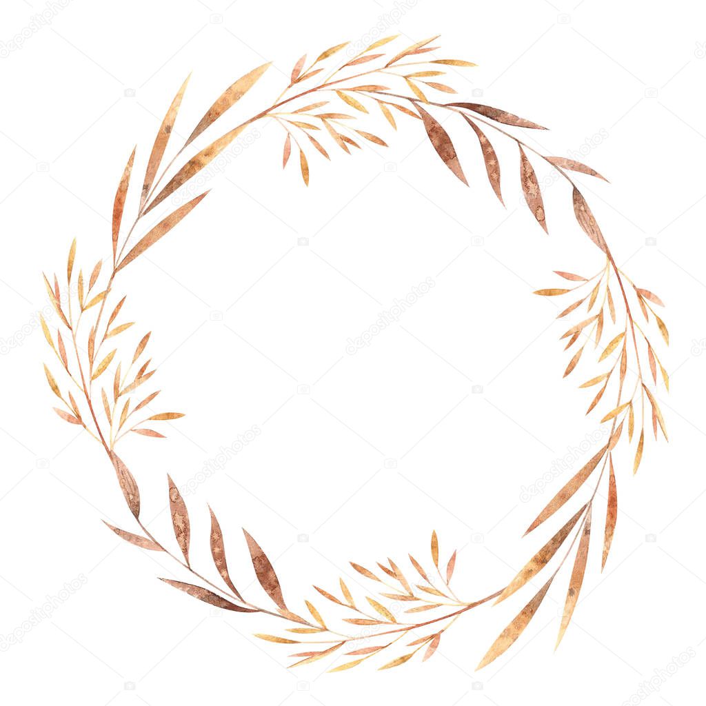 Watercolor round frame with dried winter herbs and leaves isolated on white background. Autumn illustration in brown colors. Hand drawn floral wreath for invitations, greeting cards, postcards.