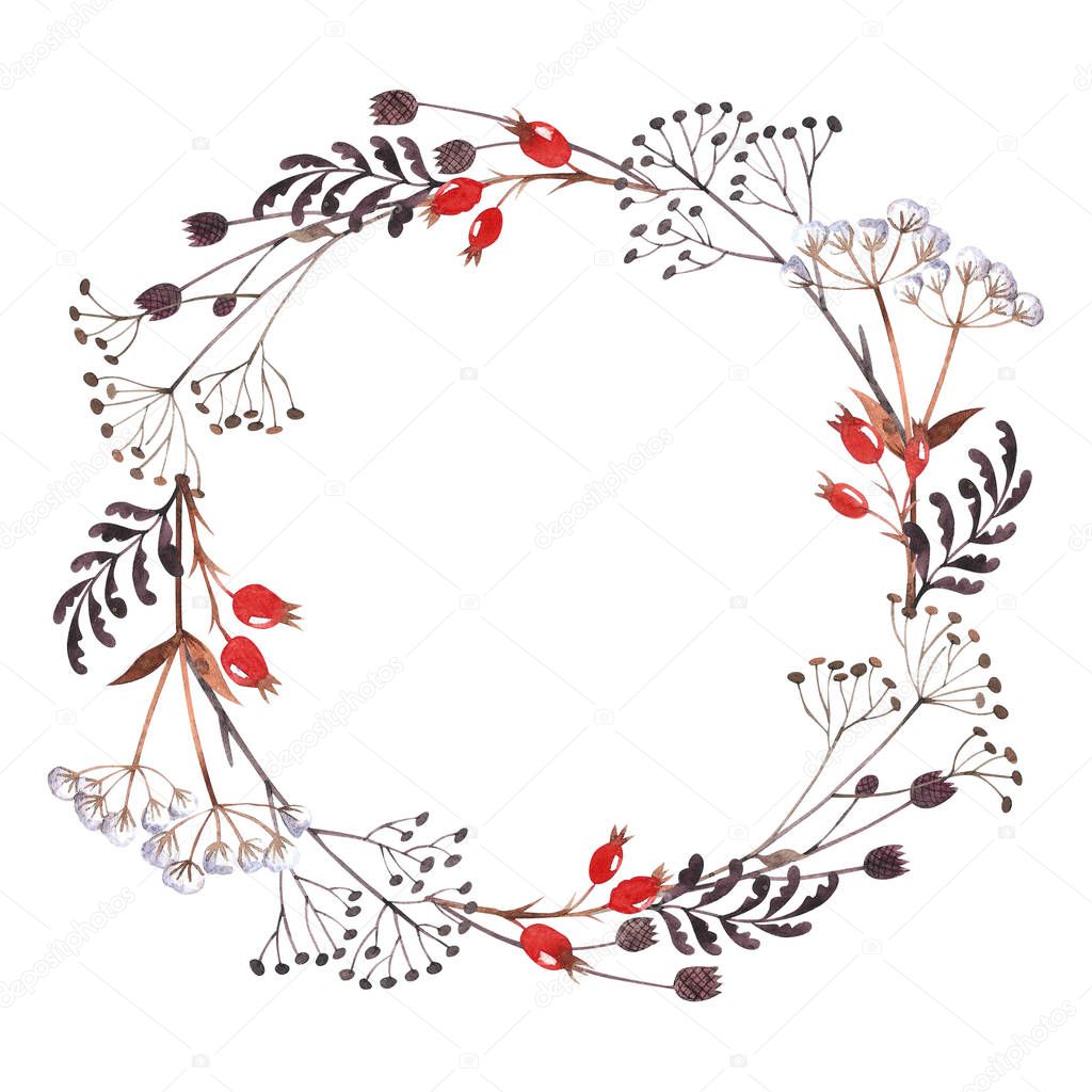 Watercolor round frame with dried winter herbs,  leaves and dog-rose berries isolated on white background. Autumn illustration. Hand drawn floral wreath for invitations, greeting cards, postcards.