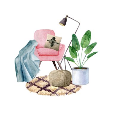 Kol koltuğu, halı, yastık, beyaz tencere, battaniye, lamba ve sedirle kaplı rahat bir oda. Hygge stilinde kompozisyon. İskandinav iç mimarisi. Boho yaşam tarzı. İzole suluboya çizimi.