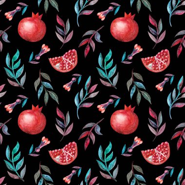 Nar suluboya, dikişsiz desen, siyah arka planda izole edilmiş. Elle çizilmiş, olgun kırmızı nar, renkli yapraklar, çiçekler. Kumaş dokusu, ambalaj kağıdı.