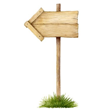 Tahta tabela ve yeşil çimenler beyaz arka planda izole edilmiş. Suluboya elle çizilmiş resim. El yapımı Clipart.